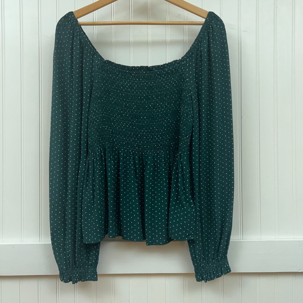 GAP Blouse Peplum Twee Green Polka Dot Milkmaid Square Neck Long Sleeve Womens M